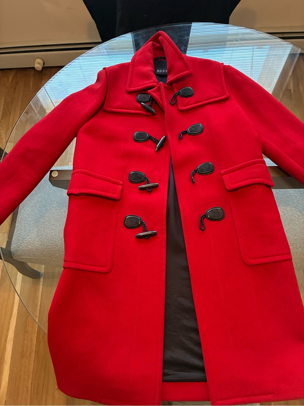 Gucci Red Wool-Blend Coat with Black Toggle Accents